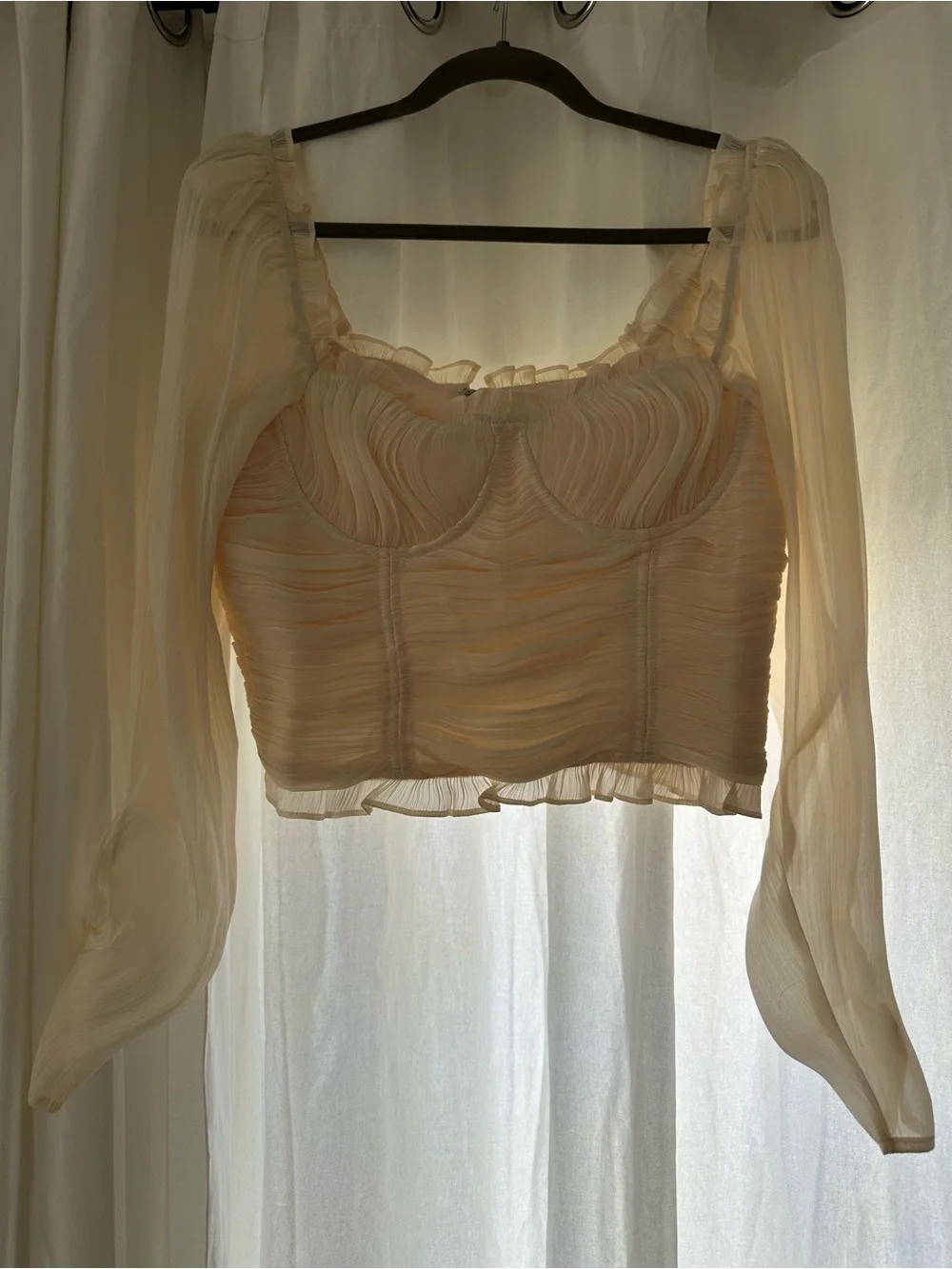 ASTR The Label Junie Ruffle Square Neck Top Champagne L